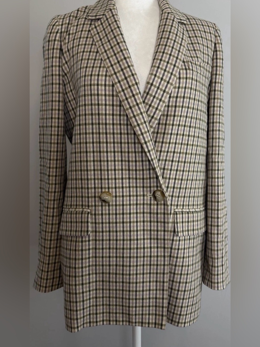 Madewell Double Breasted Sage Green Beige Plaid Long Line Blazer